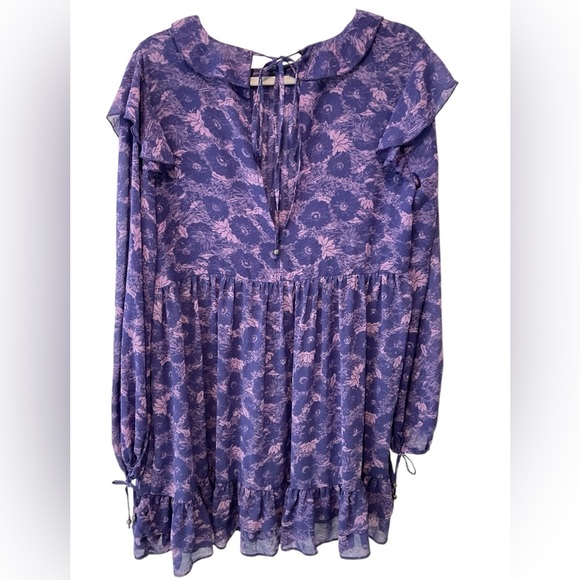 Free People These Dreams Mini Baby Doll Dress Small Tunic Purple Bohemian Ruffle - Picture 5 of 11